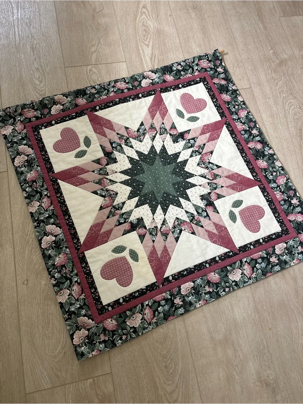 Handmade Floral Star Patchwork Quilt in Pink, Green and Cream